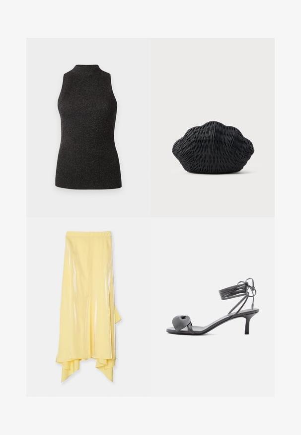 CLOSED SLEEVELESS - Débardeur - black; Jupe midi jaune avec un ourlet asymétrique, fabriquée en tissu brillant et lisse. Elle présente une taille ajustée et une silhouette fluide.; Sandale à talon en cuir gris avec une bride nouée sur les orteils et des lacets enroulants autour de la cheville, sur un talon moyen et fin, sur fond blanc.; Sac à main en osier noir en forme de coquille Saint-Jacques avec un dessus courbé et une texture tressée sur un fond uni.