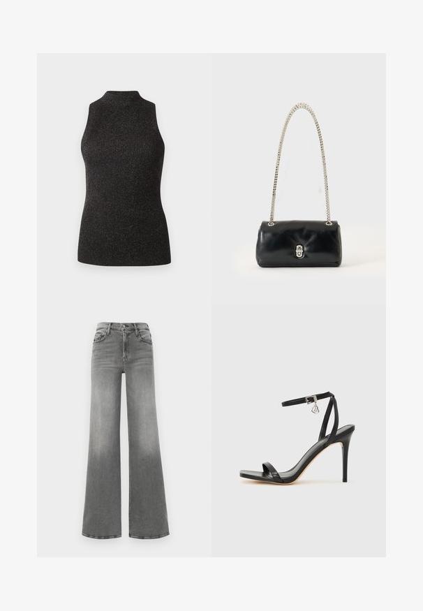 CLOSED SLEEVELESS - Top - black; Vaqueros de pierna ancha gris hechos de denim. Presenta una cintura alta, cuatro bolsillos y un ligero efecto de decoloración en la parte delantera para añadir textura.; Sandalia de tacón alto negra con una estrecha correa en el tobillo, punta cuadrada, material de cuero liso y detalle de hebilla metálica.; Bolso de mano de cuero negro con correa de cadena plateada y cierre plateado, expuesto sobre un fondo liso y claro.