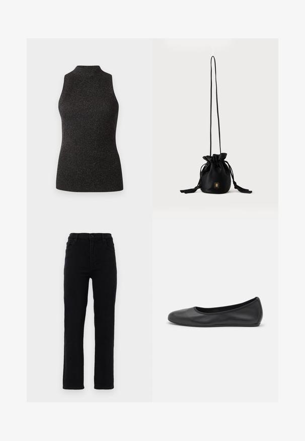 CLOSED SLEEVELESS - Débardeur - black; Jeans en denim noir avec des jambes droites, une taille mi-haute et cinq poches. Comprend une fermeture à bouton à l'avant et des passants de ceinture.; Ballerines en cuir noir avec un bout rond, texture lisse, détails de couture minimalistes et design de semelle flexible.; Sac seau noir à cordon avec une longue sangle fine et un petit logo carré doré sur le devant, présenté sur un fond uni.