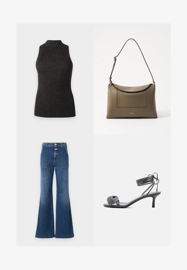 CLOSED SLEEVELESS - Top - black; Hoge taille flared jeans in middelblauw denim met een vervaagde afwerking. Heeft patchzakken en een knoopsluiting. Schoon zoom.; Grijze leren sandaal met hak, voorzien van een geknoopte band bij de tenen en wikkellinten rond de enkel op een slanke sandaal met een middenhoge hak, tegen een witte achtergrond.; Olijfgroene leren handtas met een gestructureerd oppervlak, een klepsluiting en een verstelbare schouderband. Bevat een voorkantvak en hardware in goudkleur.
