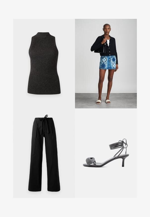 CLOSED SLEEVELESS - Topp - black; Mustad laiad püksid kõrge elastse vöökohaga, seotud vöödiga ja sileda tekstuuriga. Rätsepatööna disainitud, teravate voldikutega.; Hallid nahast kontsakingaga sandaalid, mille varvaste kohal on sõlmitud rihm ja õhuke pahkluu ümber mähitud paelad, keskmise kõrgusega kitsal kontsal, valgel taustal.; Mustmustri kootud kardigan, valge topp, sinise ja musta rombimustriga teksaseelik, must käekott ja beežid libisemisega sandaalid.