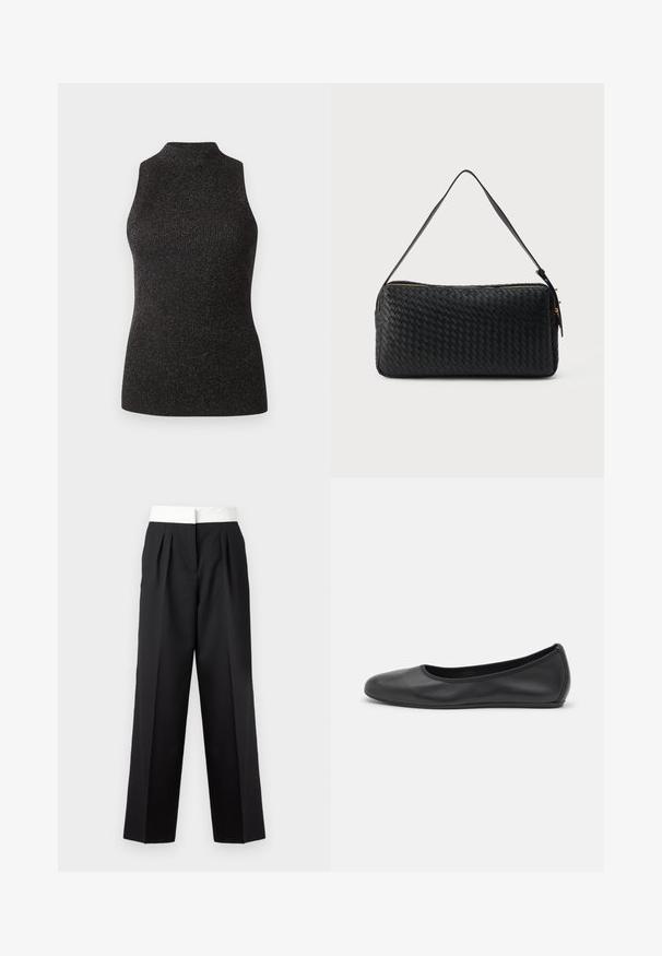 CLOSED SLEEVELESS - Top - black; Pantalones negros plisados con una amplia cinturilla blanca, que presentan un corte recto y una textura lisa para un look estructurado.; Bailarina de piel negra con punta redondeada, textura suave, detalle de costura minimalista y diseño de suela flexible.; Bolso rectangular de cuero negro con textura tejida, correa de un solo hombro y cierre de cremallera dorada sobre un fondo blanco.