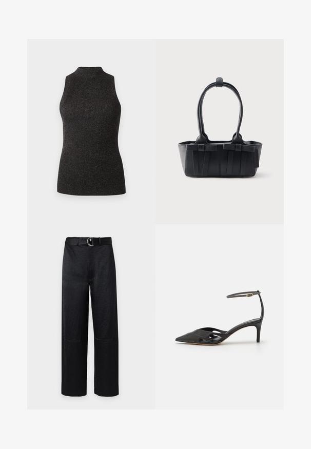 CLOSED SLEEVELESS - Top - black; Čierne nohavice s širokými nohavicami a textúrovaným povrchom, s opaskom s okrúhlou striebornou sponou a minimálnymi švami.; Čierna kožená topánka na vysokom opätku s špicatou špičkou, otvorenými stranami a tenkým remienkom okolo členka so zlatým kovovým detailom.; Čierna kožená kabelka s dvoma rukoväťami, dekoratívnymi remienkami a obdĺžnikovým základom na jednoduchom svetlom pozadí.