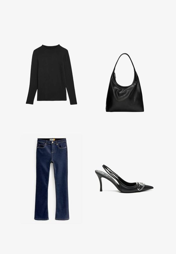 Zwarte long-sleeve shirt gemaakt van zachte stof. Heeft een ronde hals en een eenvoudig ontwerp zonder zichtbare patronen of accenten.; Bootcut jeans in donkerblauwe denim met gouden stiksels, vijf-pocket ontwerp en een rechte pijp die iets uitloopt aan de onderkant.; Zwarte slingback hoge hakken met een spitse neus, voorzien van een glanzend zilveren gespsluiting en een slanke hak. Gladde leren textuur, minimalistisch ontwerp.; Zwarte leren hobo tas met een gebogen, zachte vorm en een enkel schouderband. Beschikt over een ritssluiting en een gladde, glanzende textuur.