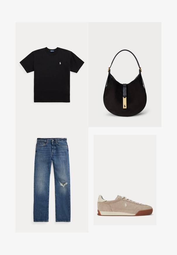 Čierne tričko s krátkym rukávom a okrúhlym výstrihom, s malým bielym vyšívaným logom Polo Ralph Lauren na ľavej strane hrudníka.; Modré džínsy s mid-rise pásom, piatimi vreckami a roztrhnutím na pravom kolene.; Béžová semišová nízka teniska s bielymi šnúrkami, bielym logom na boku a hnedou gumovou podrážkou.; Čierna semišová taška na rameno s oblým tvarom, hladkým čiernym koženým popruhom a zlatým kovovým doplnkom s logom.