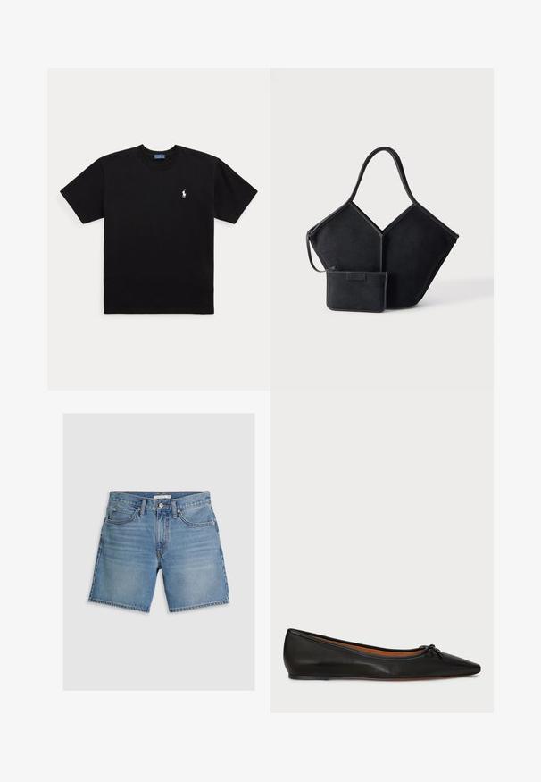 Schwarzes T-Shirt mit kurzen Ärmeln und Rundhalsausschnitt mit kleinem weißem besticktem Polo Ralph Lauren-Logo auf der linken Brust.; Jeansshorts in Hellblau, mit geradem Schnitt, fünf Taschen und einem Knopfverschluss. Hergestellt aus Baumwolle mit einer glatten Struktur.; Schwarze Leder-Ballerinas mit spitzem Zeh, schlanker Silhouette und einem kleinen Schleifendetail an der Vorderseite. Glatte Textur und minimalistisches Design.; Schwarze geometrische Tragetasche mit einem breiten Einzelgriff und passender kleiner Reißverschlusstasche befestigt, vor einem schlichten hellen Hintergrund.