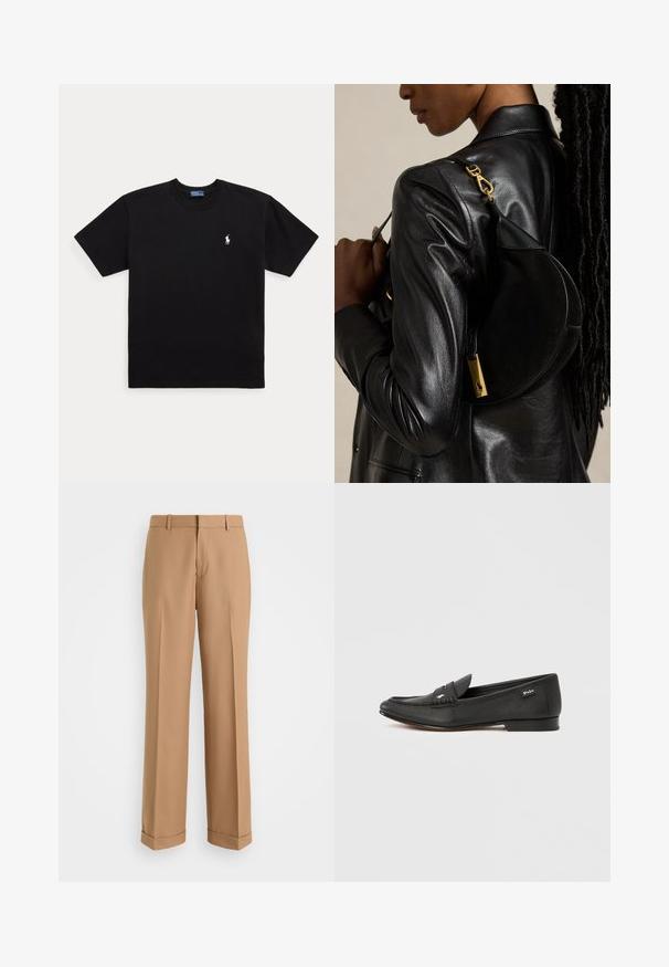 Camiseta negra de manga corta y cuello redondo con pequeño logo blanco bordado de Polo Ralph Lauren en el pecho izquierdo.; Pantalones beige ajustados con un diseño de pierna recta, confeccionados en una tela suave, con pliegue frontal y dobladillos enrollados en el bajo.; Mocasín de cuero negro con acabado texturizado, detalle de ranura para moneda, perfil delgado, marca sutil en el lateral y tacón bajo y plano.; Persona con chaqueta de cuero negra lleva un bolso negro en forma de media luna con cierre dorado colgado del hombro sobre fondo liso.