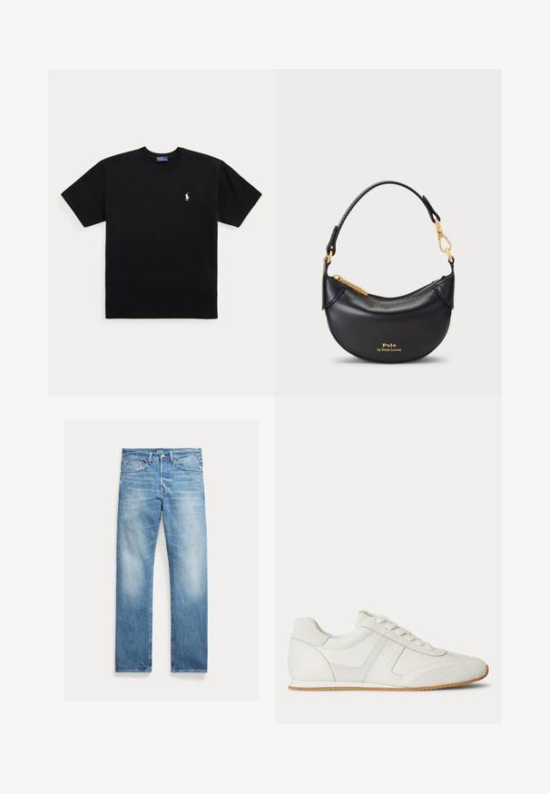 Schwarzes T-Shirt mit kurzen Ärmeln und Rundhalsausschnitt mit kleinem weißem besticktem Polo Ralph Lauren-Logo auf der linken Brust.; Hellblaue Straight-Leg-Denim-Jeans mit leichtem Verblassen, Fünf-Taschen-Design und sichtbarem Polo-Markenlabel am Bund.; Weißer Sneaker mit niedrigem Schaft, Schnürung vorne, Velours- und Lederpaneelen sowie einer hellbraunen Gummisohle auf weißem Hintergrund.; Schwarze Lederhandtasche mit geschwungener Silhouette, Metallreißverschluss und kurzem Griff. Ausgestattet mit goldenem Metall und geprägtem Logo auf der Vorderseite.