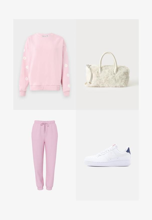 Sudadera de color rosa claro con cuello redondo, mangas largas y patrones de margaritas blancas en las mangas. Fabricada con una suave mezcla de algodón.; Pantalones de chándal tipo jogger rosa claro con cinturilla elástica, cordón ajustable, bolsillos laterales y puños elásticos, mostrados sobre un fondo blanco.; Zapatilla blanca de caña baja con perforaciones en la puntera, cordones blancos, un logo swoosh blanco y una lengüeta en el talón de color azul oscuro.; Pequeño bolso blanco con textura de pelo rizado, asas dobles y una correa de hombro desmontable sobre un fondo claro y liso.