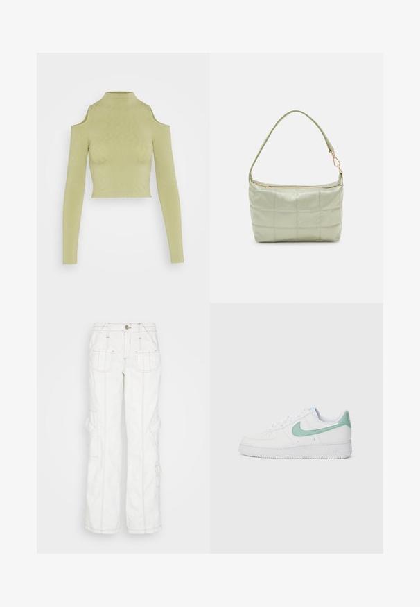 Cotton On SEAMLESS CUT OUT SHOULDER LONG SLEEVE - Pikkade varrukatega topp - safari green; BDG Urban Outfitters Avar lõikega teksad - white; Valge nahk-sneaker, millel on mündiroheline Nike swoosh ja kandetab, tekstureeritud tallad ning klassikaline nööpimise disain.; Pehmea tekstuuriga vooderdatud roheline õlavöökott, ristkülikukujuline, ühe rihmaga ja kuldse tõmblukuga. Omab tikandmustrit.