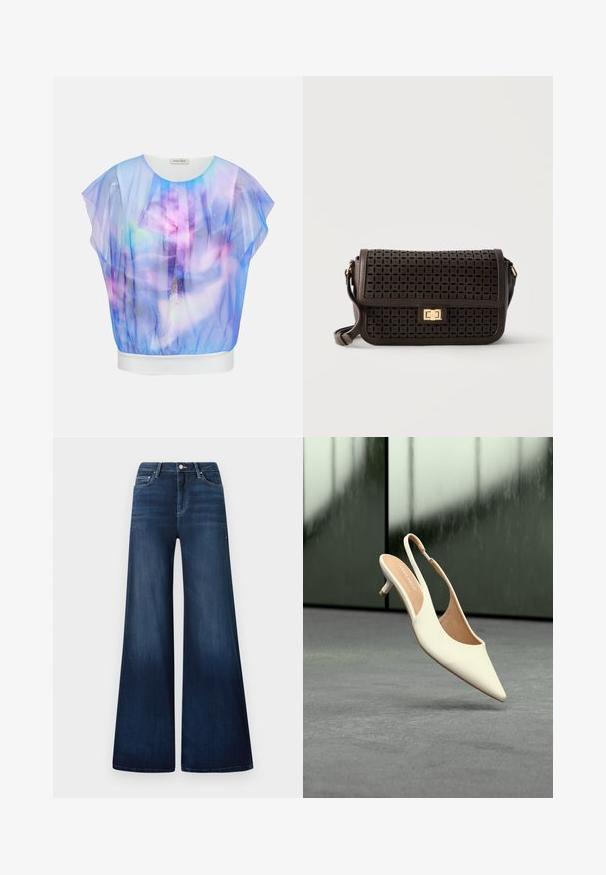 Blusa transparente con mangas cortas en degradado morado y azul con estampados florales y de plumas, cuello redondo blanco y banda en el dobladillo.; Vaqueros de pierna ancha azul oscuro con una cintura alta, hechos de denim, con un ligero desgaste, bolsillos delanteros y un cierre de botón clásico.; Zapato de mujer beige con punta afilada y talón bajo tipo kitten, flotando sobre un suelo gris con fondo oscuro desenfocado.; Bolso bandolera de cuero marrón con patrón floral troquelado, cierre dorado rectangular de giro y correa de hombro ajustable.