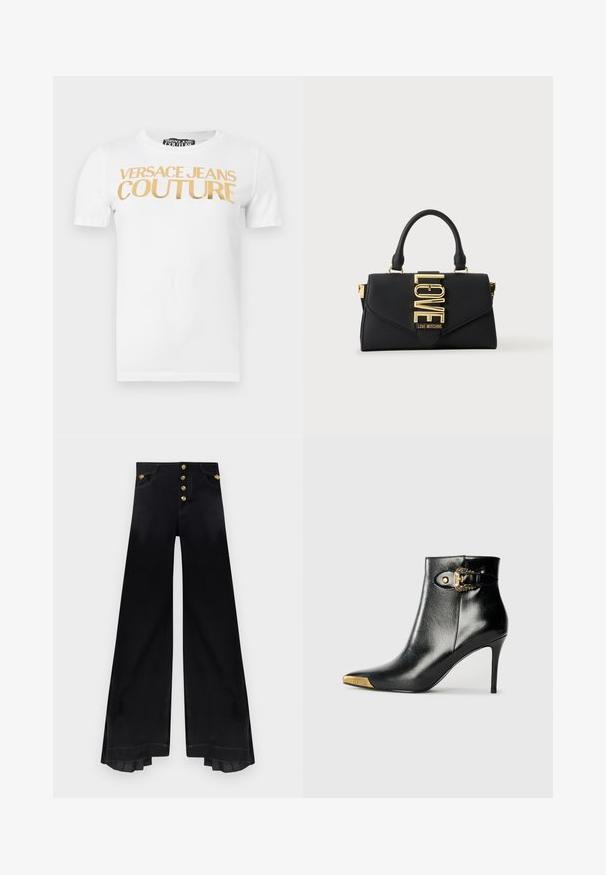 Hvid T-shirt med korte ærmer og guldtekst "VERSACE JEANS COUTURE" trykt hen over brystet.; Højtaljede sorte bukser med vide ben, fem guldknapper og plisserede detaljer inde i kanten.; Sort ankelstøvle lavet af skinnende læder med spids tå, stilet hæl og guldfarvet hardware med en dekorativ spænde-detalje.; Sort håndtaske med enkelt håndtag, guldlås med ordet LOVE og "Love Moschino" branding på frontklappen.