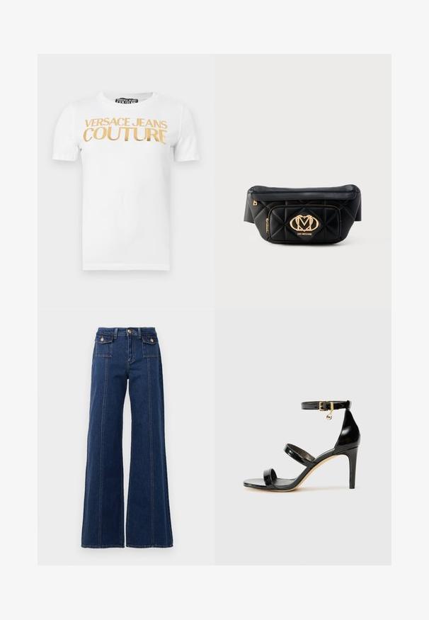 Camiseta blanca de manga corta con el texto dorado "VERSACE JEANS COUTURE" impreso en el pecho.; Jeans de denim de pierna ancha en azul oscuro. Cuenta con cuatro bolsillos, grandes detalles de costura y un diseño de cintura alta. Cierre clásico de botón.; Sandalia de charol negro con tres correas, hebilla en el tobillo y tacón de aguja de 10 cm. Presenta detalles de hardware en oro y un charm con el logo.; Riñonera de cuero negro acolchada con placa dorada del logo Love Moschino y bolsillo frontal con cremallera sobre fondo blanco.