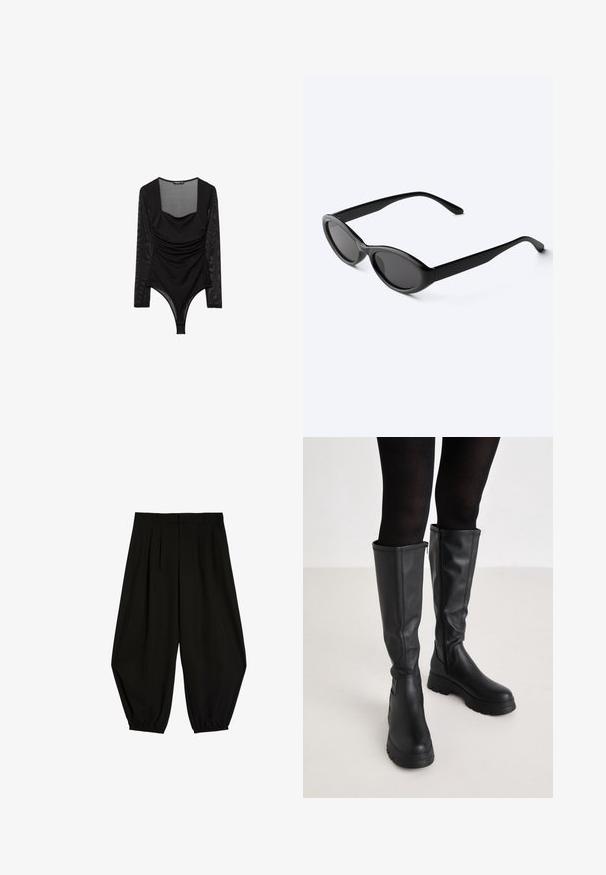 Sort langærmet bodystocking med gennemsigtige ærmer, firkantet halsudskæring og rynkede detaljer foran.; Sorte vidde bukser med plisseringer, bæltestropper og elastiske manchetter ved anklerne på hvid baggrund.; Even&Odd Plateaustøvler - black; Slanke sorte ovale solbriller med mørke linser og lige arme, hvilende på en hvid overflade.