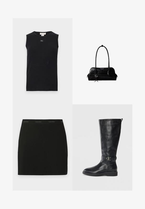 Čierne rebrované tielko bez rukávov s okrúhlym výstrihom a malou nášivkou s logom Calvin Klein umiestnenou v strede pod golierom.; Čierna mini sukňa vyrobená z hladkej látky. Má elastický pás s logom značky a bočné vrecká. Jednoduchý, elegantný dizajn bez ďalších vzorov.; Čierne kožené čižmy po kolená s nízkym podpätkom, okrúhlou špičkou a kovovou sponou s logom "CK" okolo členku.; Čierna kožená kabelka na rameno s krokodílou štruktúrou, dlhými remienkami a malým strieborným príveskom s logom na jednom remienku.