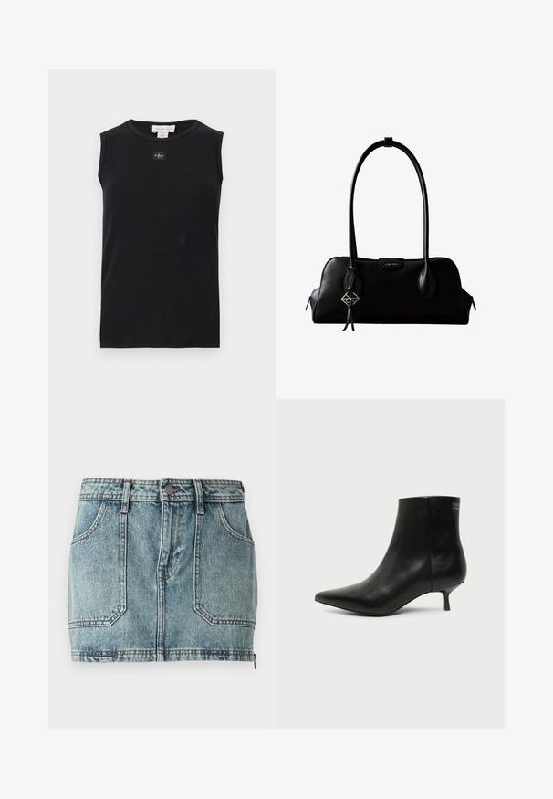 Schwarzes, ärmelloses, geripptes Tanktop mit rundem Ausschnitt und kleinem Calvin Klein Logo-Patch mittig unter dem Kragen.; Helles, blaues Denim-Minirock mit Fünf-Taschen-Design, Gürtelschlaufen, Metallknopfverschluss und kontrastierenden Nähten.; Schwarzer Leder-Knöchel-Stiefel mit spitzer Spitze und niedrigem Kittenabsatz vor hellem Hintergrund, seitliche Ansicht.; Schwarze Lederhandtasche von Calvin Klein mit langen Henkeln, einem vorderen Logo-Tag und einem silbernen geometrischen Anhänger, der an einem Henkel hängt.