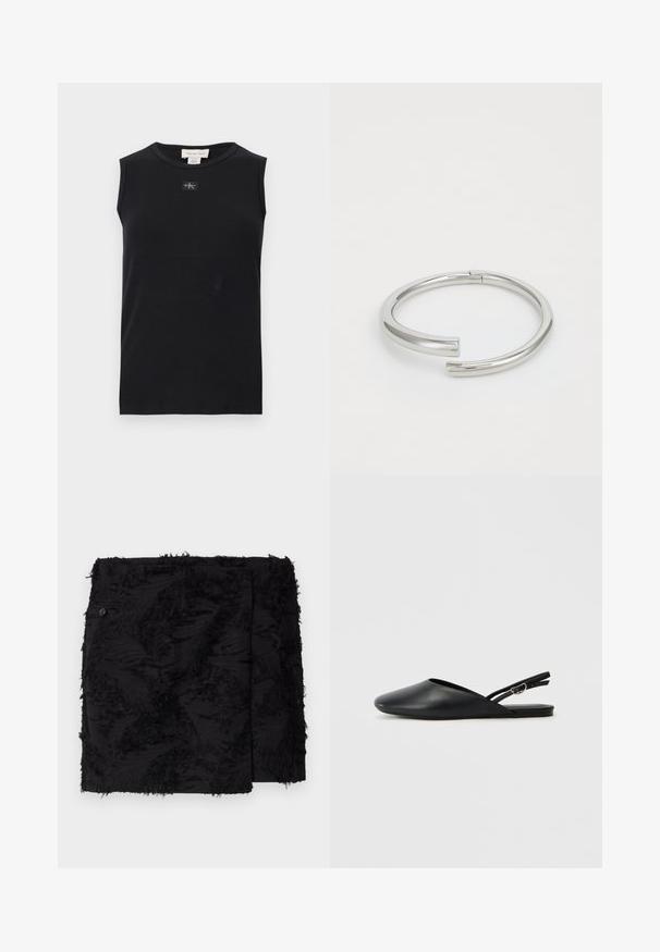 Sort ærmeløs ribstrikket tanktop med rund halsudskæring og lille Calvin Klein-logo, der er placeret centralt under kraven.; Sort nederdel med tekstureret stof, der har frynsede detaljer. Firkantet form, over knæ længde og en sideknap detalje.; Sorte læderslippers med spids tå, buet design og justerbar spænde. Glat tekstur, flad sål, minimalistisk detaljering.; Calvin Klein SPIRAL - Armbånd - silver-coloured