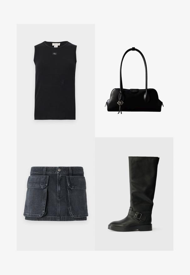 Musta ribbineulottu hihaton toppi, jossa pyöreä pääntie ja pieni Calvin Klein -logoplässi kauluksen alapuolella keskellä.; Musta farkkuhame, jossa on istuva vyötärö, napitus, kaksi suurta etutaskua ja kontrastiväriset tikkauskoristukset.; Mustan, sileän nahkan polven yli yltävät saappaat, joissa on pyöristetty kärki, paksu pohja ja vaakasuora hihna suorakulmion muotoisella soljella.; Musta nahkainen Calvin Kleinin käsilaukku, jossa pitkät kahvat, edessä logotunniste ja hopeinen geometrinen koriste, joka roikkuu yhdestä kahvasta.