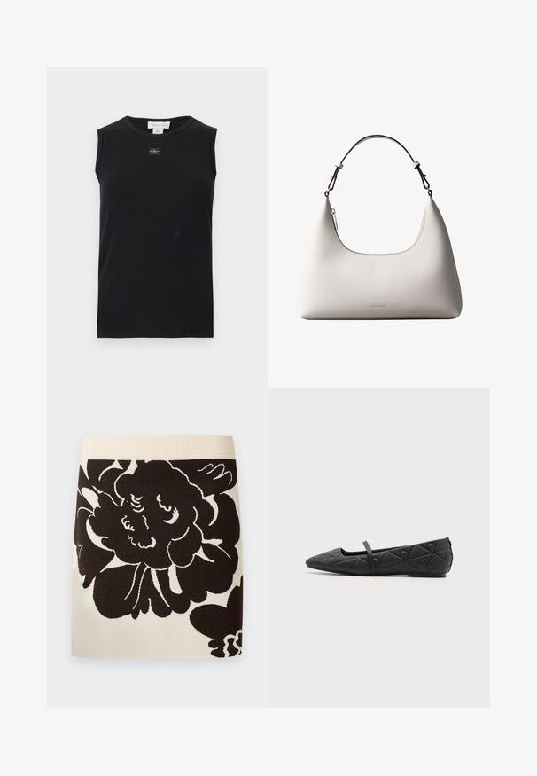 Camiseta de tirantes negra con costillas, escote redondo y pequeño parche con el logo de Calvin Klein centrado debajo del cuello.; Falda crema con cinturilla ancha acanalada y gran estampado floral negro que cubre la parte delantera del tejido.; Zapato plano negro de punta puntiaguda con patrones geométricos acolchados y una fina correa sobre el empeine sobre un fondo liso.; Bolso de hombro de cuero color crema de Calvin Klein con borde superior curvado, cremallera plateada y correa ajustable marrón oscuro.