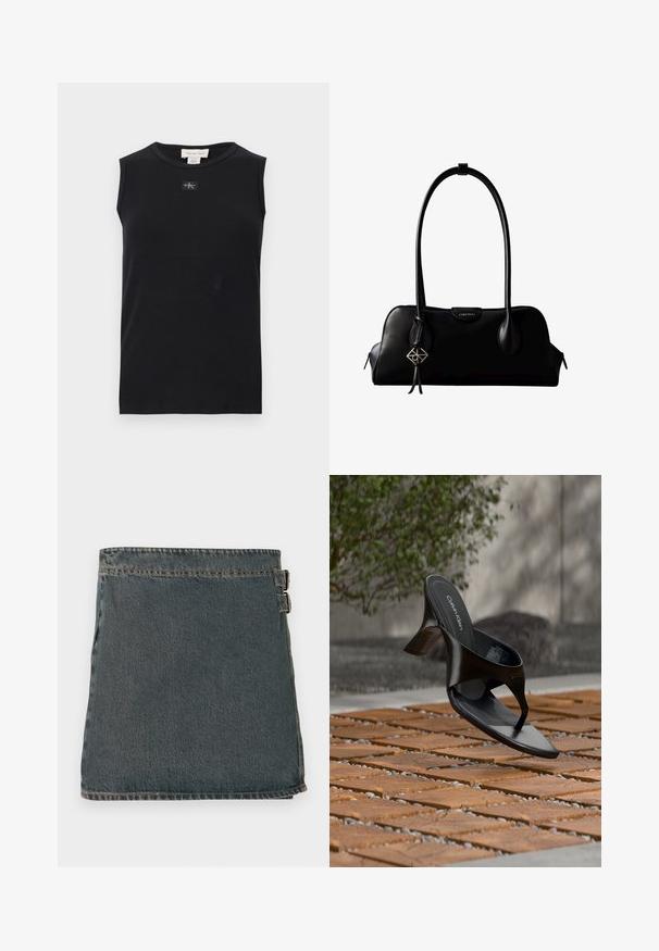 Débardeur côtelé noir sans manches avec encolure ronde et petite écusson du logo Calvin Klein centré sous le col.; Jupe en denim bleu foncé avec une surface texturée, dotée de deux boucles latérales et d'un ourlet droit. Coutures visibles le long des bords.; Sandale à talon noire Calvin Klein en forme de tongs flottant au-dessus d'une surface extérieure carrelée avec de la verdure et un mur en béton en arrière-plan.; Sac à main en cuir noir Calvin Klein avec de longues anses, une étiquette logo à l'avant et un charme géométrique argenté suspendu à une anse.