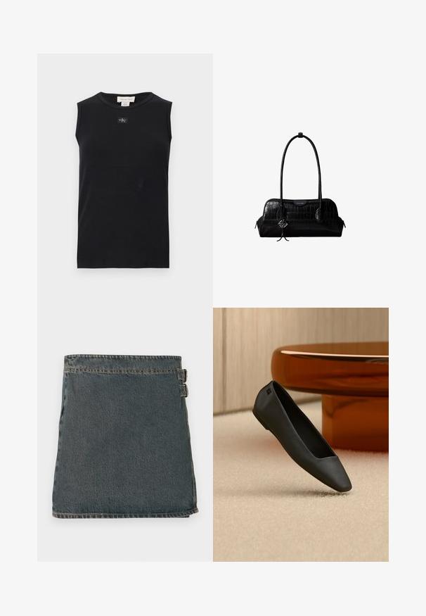 Débardeur côtelé noir sans manches avec encolure ronde et petite écusson du logo Calvin Klein centré sous le col.; Jupe en denim bleu foncé avec une surface texturée, dotée de deux boucles latérales et d'un ourlet droit. Coutures visibles le long des bords.; Chaussure plate noire à bout pointu reposant sur un tapis beige près d'une table ronde de couleur ambre dans un décor minimaliste.; Sac à épaule en cuir noir à texture crocodile, avec de longues sangles et un petit charm logo argenté sur une sangle.