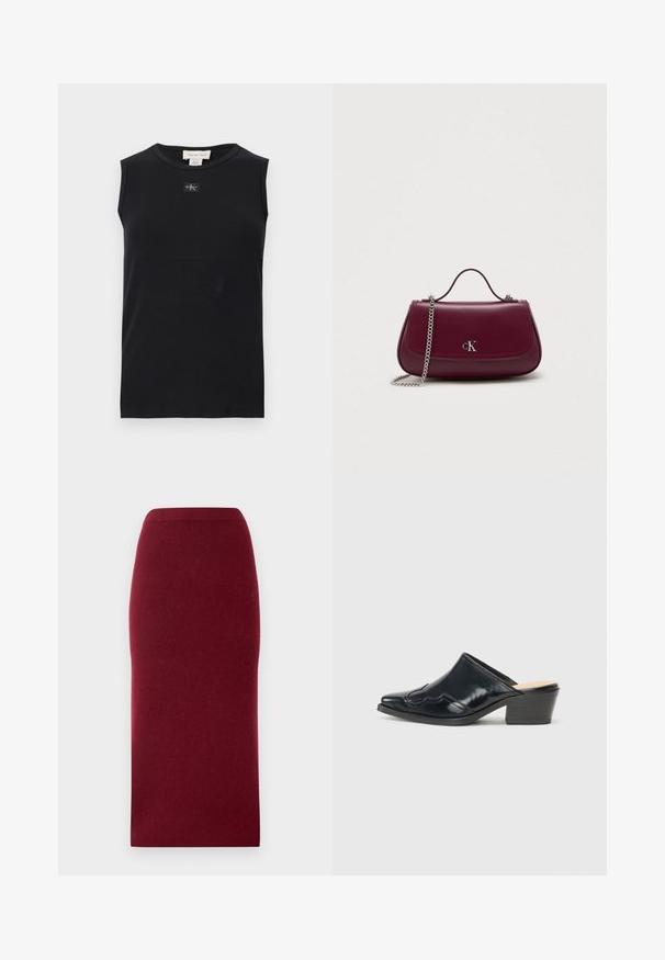 Zwart mouwloos, geribbeld tanktop met ronde hals en een klein Calvin Klein-logoplaatje in het midden onder de kraag.; Bordeaux gebreide midi-rok met een aansluitende silhouette, gladde textuur en een tailleband. Geen zichtbare naden of patronen. Effen kleur door het hele stuk.; Zwarte gepatineerde leren muiltjes met een puntige neus, een gebogen ontwerp en een lage blokhak met decoratieve stiksels langs de bovenkant.; Kleine bordeauxleren handtas met bovenhandvat, zilveren schouderband en zilver "cK" logo op de voorklep.