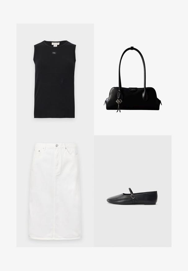 Zwart mouwloos, geribbeld tanktop met ronde hals en een klein Calvin Klein-logoplaatje in het midden onder de kraag.; Witte denim rok met een ritssluiting aan de voorkant, vijf-pocket ontwerp en een rechte silhoutte met stikselaccenten.; Zwarte leren balletschoenen met een spitse neus, platte zool en een kleine strap met een zilveren gespsluiting.; Zwarte leren Calvin Klein handtas met lange hengsels, een logo-label aan de voorkant en een zilverkleurige geometrische hanger die aan één hengsel hangt.
