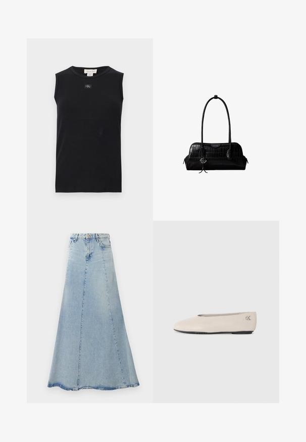 Čierne rebrované tielko bez rukávov s okrúhlym výstrihom a malou nášivkou s logom Calvin Klein umiestnenou v strede pod golierom.; Svetlomodrá denim sukňa s rozšíreným A-liniovým strihom, so zapínaním na gombíky vpredu, pútkami na opasok a viditeľnými detailmi šitia.; Bežové kožené baletky s nízkou čiernou podrážkou a strieborným logom "cK" na pätke, minimalistický dizajn, bočný pohľad na jednoduchom pozadí.; Čierna kožená kabelka na rameno s krokodílou štruktúrou, dlhými remienkami a malým strieborným príveskom s logom na jednom remienku.