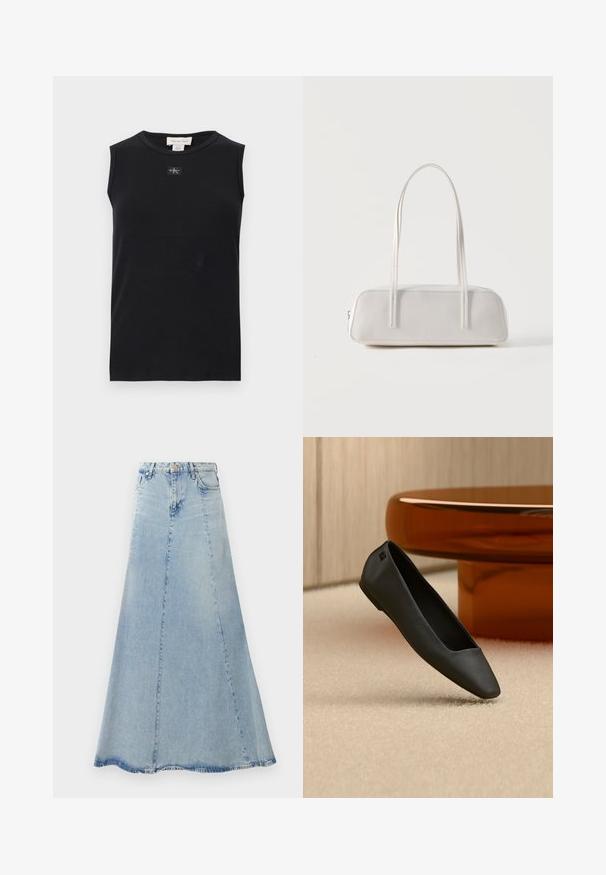 Zwart mouwloos, geribbeld tanktop met ronde hals en een klein Calvin Klein-logoplaatje in het midden onder de kraag.; Lichtblauwe denim rok met een vloeiende A-lijnvorm, voorzien van een voorknopsluiting, riemlussen en zichtbare stikseldetails.; Zwarte platte schoen met puntige neus, rustend op een beige tapijt naast een ronde amberkleurige tafel in een minimalistische kamer.; Witte rechthoekige schoudertas met lange dunne bandjes, minimale stiksels en ritssluiting op een effen achtergrond.
