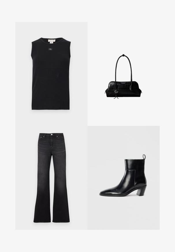 Sort ærmeløs ribstrikket tanktop med rund halsudskæring og lille Calvin Klein-logo, der er placeret centralt under kraven.; Sorte flare jeans i denimstof med høj talje, femlommers design og en let falmet effekt mod benenes kant.; Sort læder ankelstøvle med spids tå, geometrisk stablet hæl og en løftestrop bagpå. Glat tekstur og slankt design.; Sort skuldertaske i krokodillelæder med lange stropper og lille sølvlogo-charm på den ene strop.