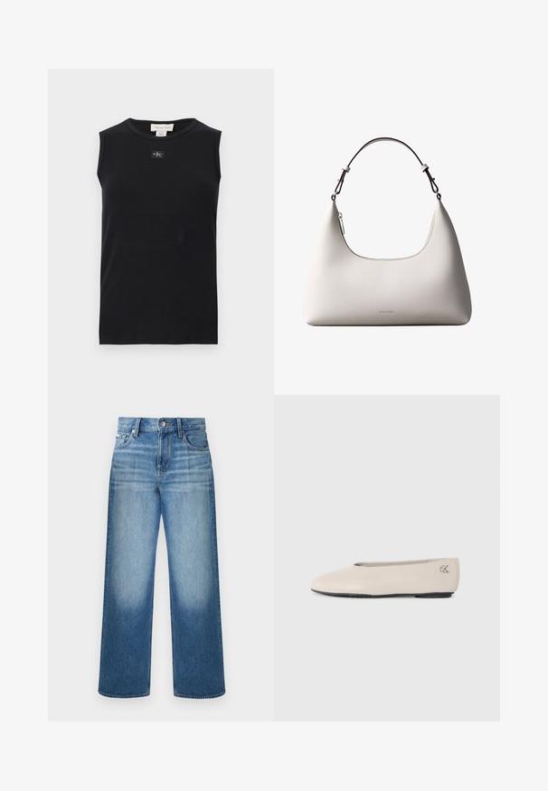 Débardeur côtelé noir sans manches avec encolure ronde et petite écusson du logo Calvin Klein centré sous le col.; Jean denim bleu à jambes droites avec fermeture à boutons et glissière, design à cinq poches et délavage sur les cuisses et les genoux.; Ballet plat en cuir beige avec une semelle noire basse et un logo "cK" en argent sur le talon, design minimaliste, vue de côté sur fond uni.; Sac à bandoulière en cuir couleur crème de Calvin Klein avec bord supérieur incurvé, fermeture éclair argentée et sangle ajustable brun foncé.