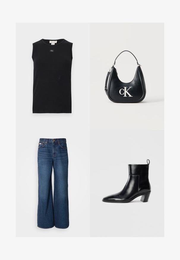 Sort ærmeløs ribstrikket tanktop med rund halsudskæring og lille Calvin Klein-logo, der er placeret centralt under kraven.; Bredde jeans lavet af mørkeblåt denim. Funktioner inkluderer en høj talje, fem lommer og kontrasterende orange syninger langs sømmene.; Sort læder ankelstøvle med spids tå, geometrisk stablet hæl og en løftestrop bagpå. Glat tekstur og slankt design.; Sort skuldertaske i læder med sølvfarvet "cK" logo, buet silhuet, kort håndtag og aftagelig længere strop på ensfarvet baggrund.