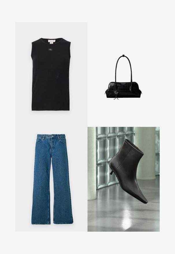 Čierne rebrované tielko bez rukávov s okrúhlym výstrihom a malou nášivkou s logom Calvin Klein umiestnenou v strede pod golierom.; Široké modré denimové džínsy s klasickým dizajnom piatich vreciek, s predným zapínaním na gombík a zips a jemne vyblednutou textúrou.; Čierna kožená členková obuv s ostrou špičkou a nízkym podpätkom, zobrazená na pozadí steny zo sklenených blokov a leštenej podlahy.; Čierna kožená kabelka na rameno s krokodílou štruktúrou, dlhými remienkami a malým strieborným príveskom s logom na jednom remienku.