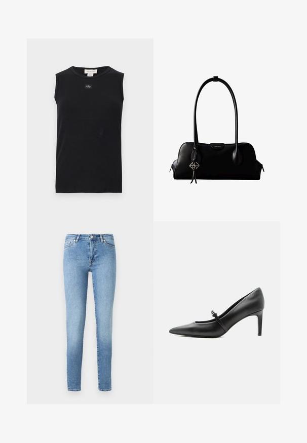 Čierne rebrované tielko bez rukávov s okrúhlym výstrihom a malou nášivkou s logom Calvin Klein umiestnenou v strede pod golierom.; Svetlomodré skinny džínsy vyrobené z denimu, s klasickým dizajnom piatich vreciek, jemným vyblednutím a štandardným pásom s priehľadom.; Čierna kožená lodička s špicatou špičkou, tenkým remienkom a prackou cez priehlavok, stojaca na neutrálno svetlom pozadí.; Čierna kožená kabelka Calvin Klein s dlhými rúčkami, prednou značkou s logom a strieborným geometrickým príveskom visiaci na jednej rúčke.