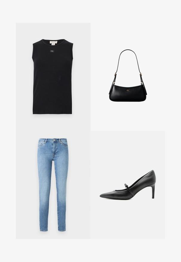 Zwart mouwloos, geribbeld tanktop met ronde hals en een klein Calvin Klein-logoplaatje in het midden onder de kraag.; Lichtblauwe skinny jeans van denim, met een klassieke vijf-pocketontwerp, subtiele vervaging en een standaard tailleband met een ritssluiting.; Zwarte leren pumps met puntige neus, dunne riem en gesp over de wreef, staand op een neutrale lichte achtergrond.; Zwarte leren mini schoudertas met een dun riempje en klein goudkleurig CK-logo aan de voorkant in het midden.