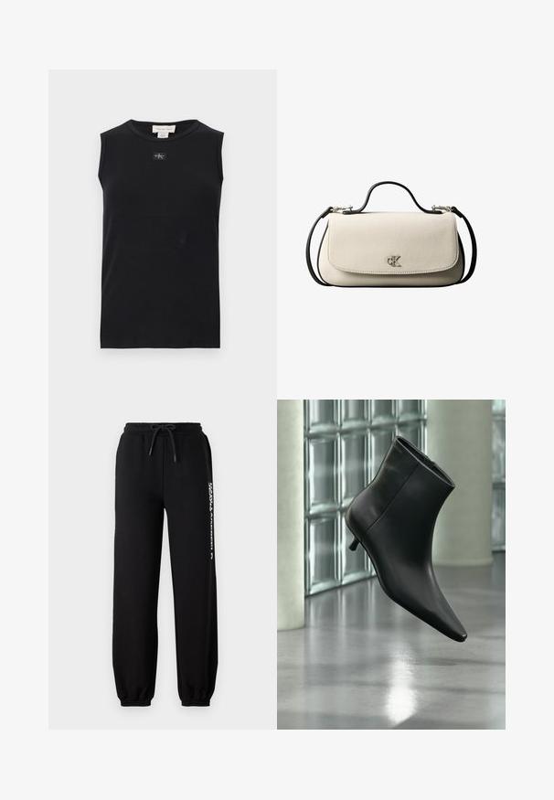 Sort ærmeløs ribstrikket tanktop med rund halsudskæring og lille Calvin Klein-logo, der er placeret centralt under kraven.; Sorte sweatpants med elastisk talje, justerbar snor og tætsiddende manchetter. Har et hvidt logo trykt på venstre side.; Sort læderankelstøvle med spids tå og lav kitten-hæ, vist vinklet mod en poleret gulv- og glasblokvæg.; Cremefarvet rektangulær håndtaske med sort rem og håndtag, foran klaplukning samt lille sølvfarvet "cK" logo midt foran.