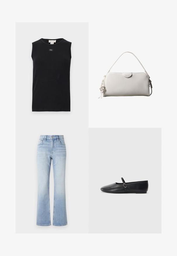 Zwart mouwloos, geribbeld tanktop met ronde hals en een klein Calvin Klein-logoplaatje in het midden onder de kraag.; Lichtblauwe denim flared jeans met een hoge taille, contrasterende stiksels, voorvakken en een subtiele vervaging naar de zoom toe.; Zwarte leren balletschoenen met een spitse neus, platte zool en een kleine strap met een zilveren gespsluiting.; Witte rechthoekige Calvin Klein handtas met enkele handgreep, minimalistisch ontwerp en decoratieve kwastjes met geometrische metalen hanger aan de zijkant.