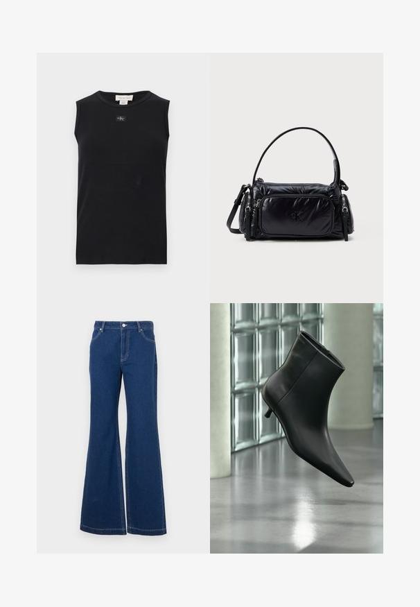 Čierne rebrované tielko bez rukávov s okrúhlym výstrihom a malou nášivkou s logom Calvin Klein umiestnenou v strede pod golierom.; Tmavomodré rozšírené džínsy vyrobené z denimu. Vlastnosti zahŕňajú pútka na opasok, predné vrecká a kontrastné šitie. Široký otvor nohavíc.; Čierna kožená členková čižma so špicatou špičkou a nízkym kitten podpätkom, zobrazená šikmo na pozadí leštenej podlahy a steny zo sklenených blokov.; Čierna nylonová kabelka s nafúknutým dizajnom, zaobleným ramenným popruhom, prednou zipsovou vreckom a jemným logom embosovaným na prednej strane.