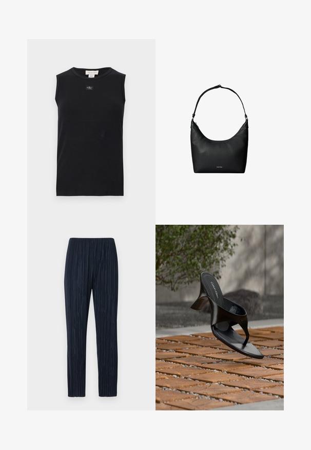 Sort ærmeløs ribstrikket tanktop med rund halsudskæring og lille Calvin Klein-logo, der er placeret centralt under kraven.; Marineblå plisserede bukser med elastisk talje, der har et tekstureret stof, lige ben-design og diskrete lodrette striber throughout.; Sort Calvin Klein hæl-sandal med åben tå, der svæver over en udendørs flisebelagt overflade med grønne planter og en betonvæg i baggrunden.; Sort tekstureret læder skuldertaske med en enkelt rem og et lille Calvin Klein-logo foran i midten.