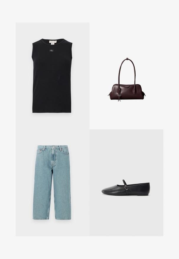 Camiseta de tirantes negra con costillas, escote redondo y pequeño parche con el logo de Calvin Klein centrado debajo del cuello.; Pantalones cortos de mezclilla azul claro con cintura alta, corte recto y dobladillo sin acabar. Cuenta con un cierre clásico de botón y cremallera, y cuatro bolsillos.; Bailarinas de cuero negro con punta afilada, suela plana y una pequeña correa con detalle de hebilla plateada.; Bolso de mano de cuero marrón oscuro Calvin Klein con asas dobles largas y un pequeño colgante con el logotipo colgando de una de las asas.
