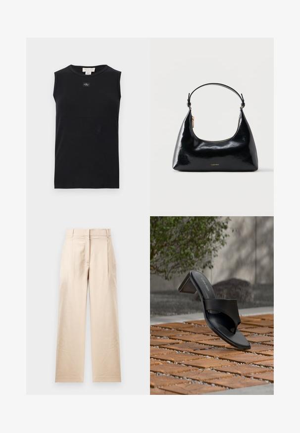 Schwarzes, ärmelloses, geripptes Tanktop mit rundem Ausschnitt und kleinem Calvin Klein Logo-Patch mittig unter dem Kragen.; Beige Hose aus glattem Stoff. Mit geradem Schnitt, flachem Bund und zwei Falten. Keine sichtbaren Muster oder Beschläge.; Schwarze Calvin Klein Sandale mit Absatz und Zehenschlaufe auf einem Holzkachelfußboden im Freien neben einem Baum und einer Steinmauer.; Schwarze, glänzende Calvin Klein Handtasche mit goldfarbenem Reißverschluss und kurzem Trageriemen vor schlichtem weißem Hintergrund.