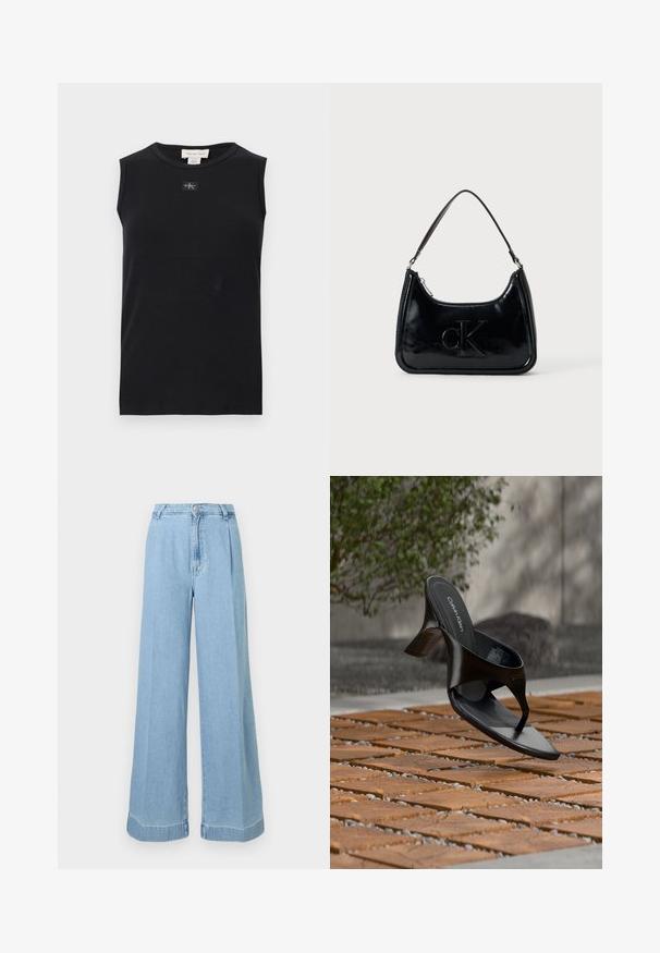 Zwart mouwloos, geribbeld tanktop met ronde hals en een klein Calvin Klein-logoplaatje in het midden onder de kraag.; Lichtblauwe denim wijde jeans met een hoge taille, plooien aan de voorkant en een ruwe zoom voor een casual uitstraling.; Zwarte Calvin Klein hoge hak teenslipper die zweeft boven een betegeld buitenterrein met groen en een betonnen muur op de achtergrond.; Zwarte gepatenteerde leren handtas met een gebogen bovenhandgreep, ritsafsluiting en reliëf "cK" logo aan de voorkant. Gladde textuur, gestructureerde vorm.
