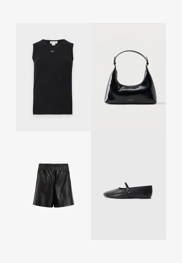 Débardeur côtelé noir sans manches avec encolure ronde et petite écusson du logo Calvin Klein centré sous le col.; Shorts en cuir noir avec une taille élastique, présentant une texture lisse, des jambes larges et sans poches ni embellissements visibles.; Ballerines noires en cuir avec un bout pointu, une semelle plate et une petite sangle avec un détail de boucle en argent.; Sac à main Calvin Klein noir brillant avec fermeture éclair dorée et anse courte sur fond blanc uni.