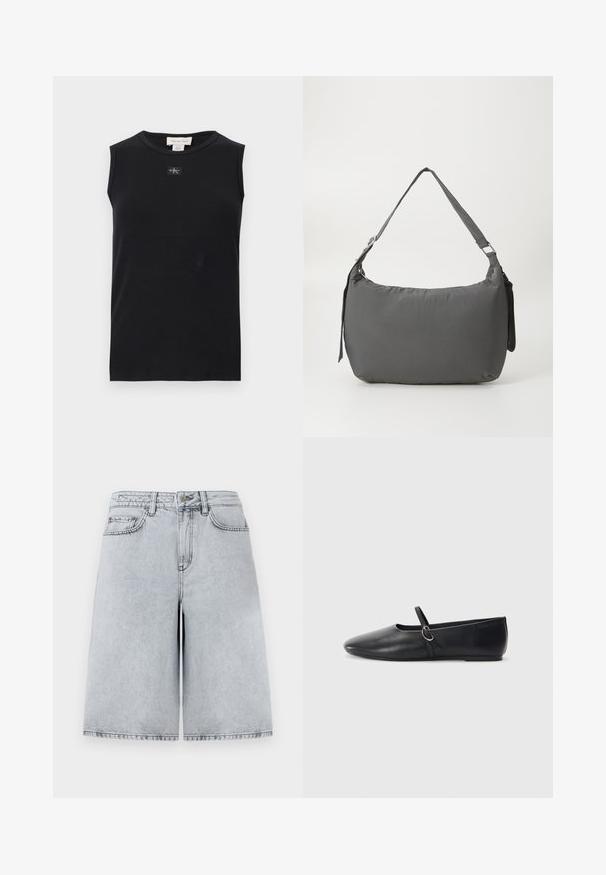 Zwart mouwloos, geribbeld tanktop met ronde hals en een klein Calvin Klein-logoplaatje in het midden onder de kraag.; Lichtgrijze denim shorts met een ontspannen pasvorm, met een hoge taille, vijf zakken en een rechte snit. Strakke, minimalistische stikdetails.; Zwarte leren balletschoenen met een spitse neus, platte zool en een kleine strap met een zilveren gespsluiting.; Grijze, gewatteerde schoudertas met een gebogen vorm, een gladde textuur, een verstelbare schouderband en een subtiel reliëflogo aan de voorkant.