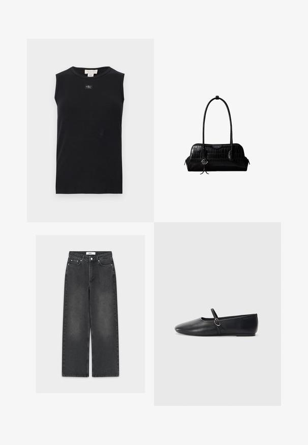 Schwarzes, ärmelloses, geripptes Tanktop mit rundem Ausschnitt und kleinem Calvin Klein Logo-Patch mittig unter dem Kragen.; Weit geschnittene schwarze Jeans aus Denim mit einem verwaschenen Finish, ausgestattet mit Knopf- und Reißverschluss, Fünf-Taschen-Design und kontrastierenden Nähten.; Schwarze Leder-Ballettschuhe mit spitzem Schuhzeug, flacher Sohle und einem kleinen Riemen mit silberner Schnalle.; Schwarze Umhängetasche aus krokodilstrukturiertem Leder mit langen Riemen und einem kleinen silbernen Logocharm an einem Riemen.