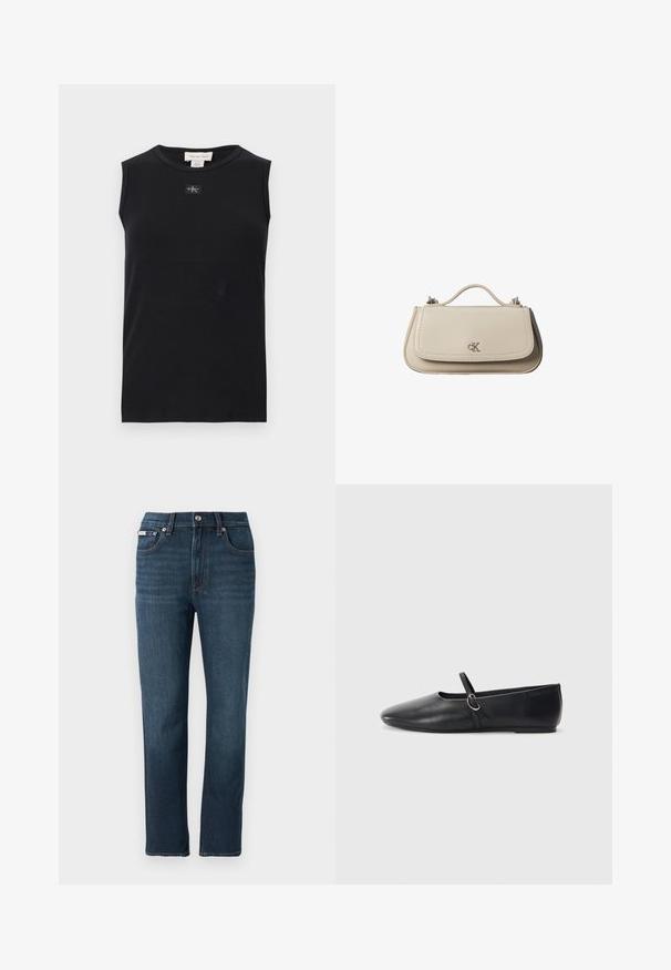 Schwarzes, ärmelloses, geripptes Tanktop mit rundem Ausschnitt und kleinem Calvin Klein Logo-Patch mittig unter dem Kragen.; Dunkelblaue Jeans aus Denim mit geradem Bein, Fronttaschen, Knopfverschluss und zarten Stickdetails am Bund.; Schwarze Leder-Ballettschuhe mit spitzem Schuhzeug, flacher Sohle und einem kleinen Riemen mit silberner Schnalle.; Kleine beigefarbene Lederhandtasche mit oberem Griff und silbernem CK-Logo auf der Frontklappe, vor weißem Hintergrund dargestellt.