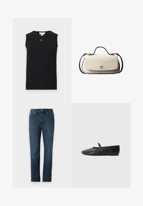 Débardeur côtelé noir sans manches avec encolure ronde et petite écusson du logo Calvin Klein centré sous le col.; Jean en denim bleu foncé avec une coupe droite, poches avant, fermeture par bouton et détails de couture subtils sur la taille.; Ballerines noires en cuir avec un bout pointu, une semelle plate et une petite sangle avec un détail de boucle en argent.; Sac à main rectangulaire crème avec bandoulière et poignée noires, fermeture à rabat à l'avant, et petit logo argenté « cK » au centre devant.