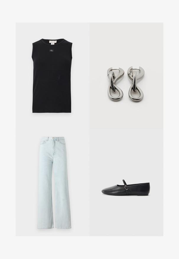 Débardeur côtelé noir sans manches avec encolure ronde et petite écusson du logo Calvin Klein centré sous le col.; Jeans larges bleu clair à taille haute, en tissu denim. Présente une fermeture à bouton et éclair avec des poches avant.; Ballerines noires en cuir avec un bout pointu, une semelle plate et une petite sangle avec un détail de boucle en argent.; Paire de boucles d'oreilles en métal argenté avec un motif abstrait d'anneaux entrelacés sur fond blanc.