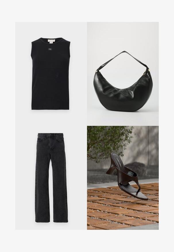 Sort ærmeløs ribstrikket tanktop med rund halsudskæring og lille Calvin Klein-logo, der er placeret centralt under kraven.; Sorte denimjeans med bred ben-design, der har en klassisk fem-lomme stil, knaplukning og diskret falmning.; Brun Calvin Klein hælet thong sandal svævende over træflise og grus udendørs med sløret grønt og stenmur i baggrunden.; Sort læder skuldertaske med en buet form, blød tekstur og en enkelt rem; har en guldbeslået lynlås og diskret branding.