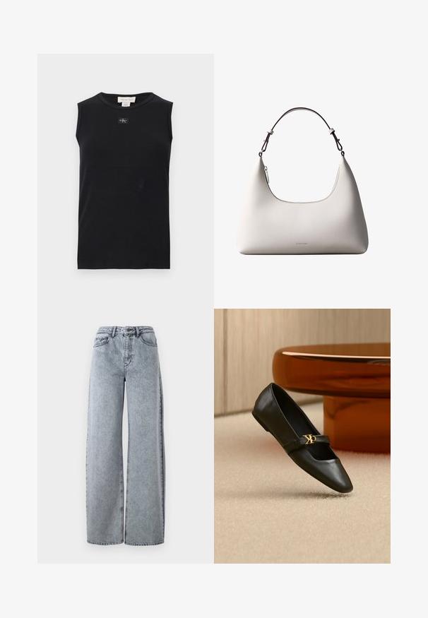 Schwarzes, ärmelloses, geripptes Tanktop mit rundem Ausschnitt und kleinem Calvin Klein Logo-Patch mittig unter dem Kragen.; Hellblaue Denim-Weitbeinjeans mit hohem Bund, ausgestattet mit Eingrifftaschen, Gürtelschlaufen und kontrastierenden Nähten.; Schwarzer flacher Lederschuh mit spitzer Kappe und goldenem CK-Logo auf dem Riemen, auf beigem Teppich neben einem runden bernsteinbraunen Tisch platziert.; Cremefarbene Calvin Klein Lederschultertasche mit gebogener Oberkante, silbernem Reißverschluss und dunkelbraunem verstellbarem Riemen.